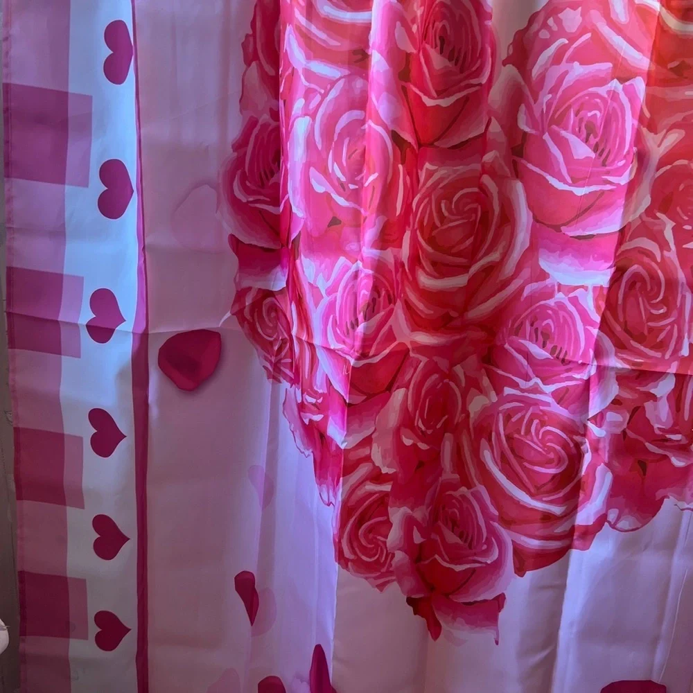 Pink Hearts and Roses Shower Curtain with Hooks Valentines Day Long